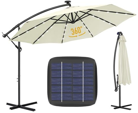 Parasol de Jardin Déporté LED Solaire 3.5M - Hexagonale à Manivelle avec Base Croisée, Anti-UV, 8 Baleines à Double Couche, Inclinable pour Plage Balcon Patio, Blanc