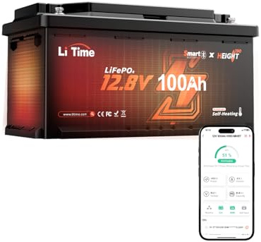 LiTime LiFePO4 12V 100Ah Bluetooth Lithium Batterie für Wohnmobil (DIN H8 L5 Größe), 15000 Zyklen, 200A Akku BMS, 2C Entladung, Smart Heizung, IP65 Wasserdichtheit und Kälteschutz