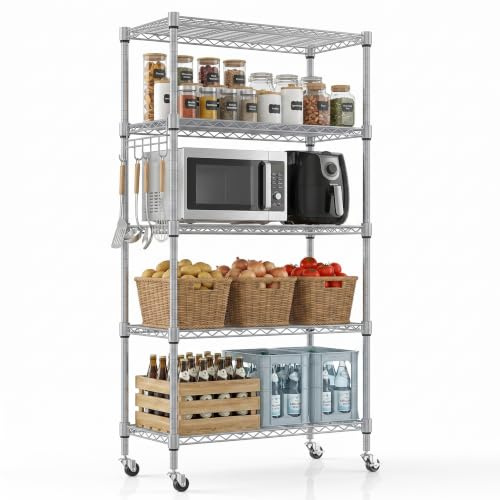 Himimi Regal mit Rollen, Metallregal auf Rollen, Höhenverstellbar, Lagerregal Stehend mit 5 Regalböden und Haken, Standregal Rollregal für Küche Speisekammer Keller, 35 T x 76 B x 158 H cm, Silber