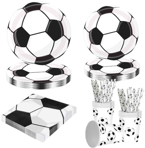 150PCS Football Party Tableware Set, 25 Guest - 50 Football Paper Plates , 25 Cups, 25 Napkins, 25 Straws, for Sports Soccer Theme Birthday Party Decorations