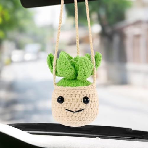 Rhdekoein Cute Crochet Hanging Plant for Car Rear View Mirror Boho Green Succulent Mirror Hanging Accessories for Women Car Ornament Interior Aesthetic Decor Plant Lovers Gifts for Men
