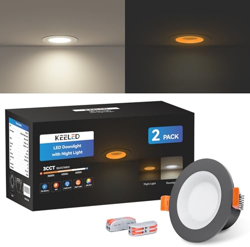 KEELED Schwarz Einbaustrahler LED 230V 6W, mit Nachtlicht 1.5W, Spots Deckenleuchte 3000K/4000K/6000K Wählbar, Schnittloch 70-85mm, IP44, Gehäuse aus Aluminiumdruckguss, 2er Set