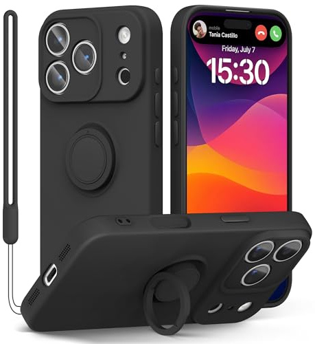 pcgaga Silicone Phone Case for iPhone 17 Pro 6.3 Inch Pro with [Ring Holder Stand] [Wrist Strap] [Microfiber Lining] Slim Shockproof Protective Cover, 6.3, Black