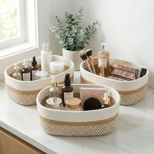Beautiful Storage Basket Set of 3 - Sturdy Rope Baskets for Shelves