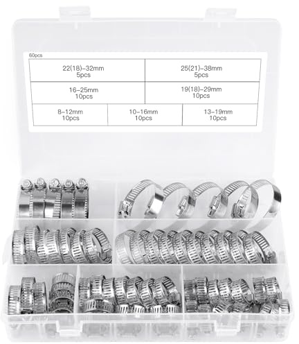 60 Stück Schlauchschellen Set, Einstellbare 6–38mm Rohrschellen Edelstahl 304
