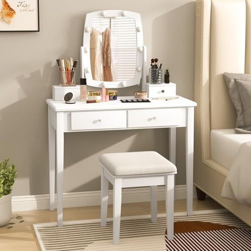 RELAX4LIFE Toeletta Trucco con Luci, Postazione Trucco con Specchio Girevole a 360° e 4 Cassetti, Tavolo da Trucco Moderno per Camera da Letto (Bianco, 90 x 40 x 129 cm)
