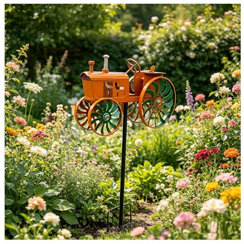 Garden Wind Spinner, Orange Tractor Windmill Stake with Rotating Wheels for Patio Yard Garden, Unique Outdoor Sculptures Ornament Gift for Friends Family, Yard Tractor Wind Spinners