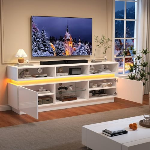 EURHCIO Meuble TV Brillante 160x35x60cm,Meuble Tele avec Éclairage LED Réglable,3 Étagères Ouvertes,Étagère en Verre Trempé,pour Télé de Jusqu'à 60 Pouces(B-Blanc)