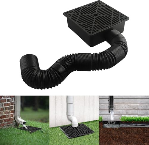 Square Catch Basin Drain Kit, Low Profile Catch Basin Drainage Downspout Extension Kit, With Flexible Pipe, No Deep Dig, 9.05 x 9.05 inch, for lawns, landscaped areas, patios and walkways