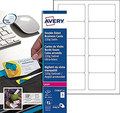 Avery Italia C32025-25 Biglietto da Visita con Angoli Arrotondati, Stampabile Fronte/Retro, 10 Biglietti per Foglio, Confezione da 25 Pezzi, Bianco