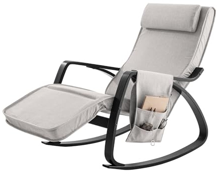 SoBuy Fauteuil a Bascule, Relax Rocking Chair, Chaise a Bascule avec Repose-Pieds, Appui-tête réglables et Poche latérale, Gris FST20-HG