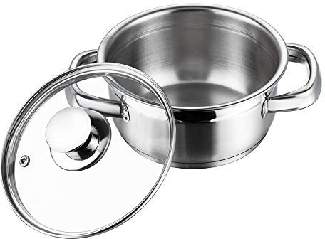 Vinod Cookware Two Tone Stainless Steel Sauce Pot/Saucepan with Glass Lid - Steam Vent, Sturdy Handle Induction Bottom (14cm,1 LTR, for 1-2 People)