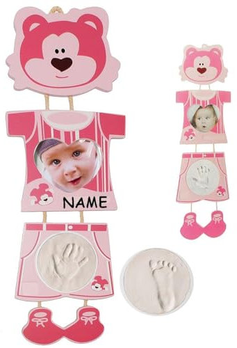 3-D Bastelset - incl. Namen - Händeabdruck oder Fußabdruck - incl. Foto Rahmen rosa/pink - Set Ton Abdruck - gießen Gipsformen Gips - Kind Kinder Form für K..