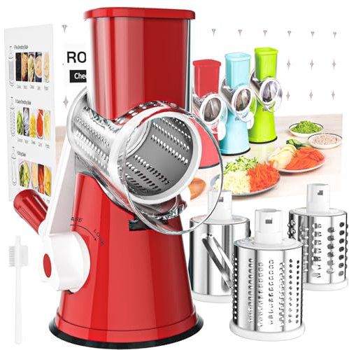 Cambom Rotary Cheese Grater Shredder Chopper Round Tumbling Box Mandoline Slicer Nut Grinder Vegetable Slicer, Hash Brown, Potato with Strong Suction Base