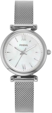 Fossil Uhr für Damen Carlie, Quarzwerk, 29mm Silbernes Edelstahlgehäuse mit einem Edelstahlarmband, ES4432