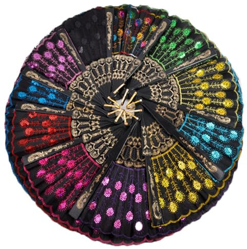 Winture 10 PCS Peacock Hand Fans, Spanish Folding Hand Fan, Vintage Dancing Party Fans,Summer Handheld Folding Fans for Women (Embroidered Peacock Tail Pattern)