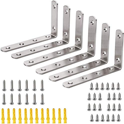 Hyber&Cara Regalhalterung Edelstahl 90 Grad Winkelverbinder Wandhalterung Regalträger 125 x 75 mm Mit Schrauben und Anker, 6 Stück
