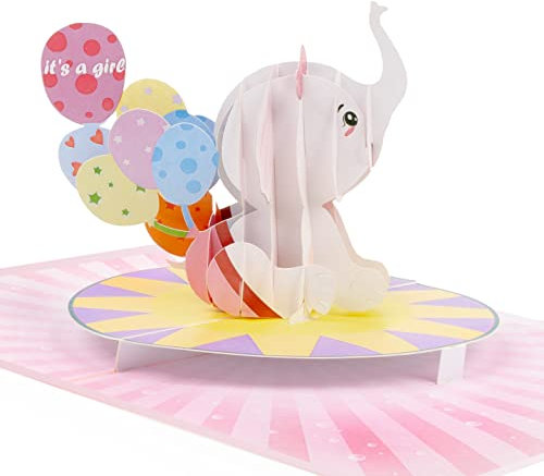 LIMAH® Pop-up 3D Karte zur Geburt für Mädchen - Glückwunschkarte, Geburtskarte passend zum Geschenk, Gutschein oder Geldgeschenk, its a Girl - Motiv Baby Elefant mit Luftballons in Rosa
