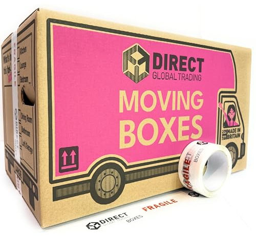 25 Strong Large Cardboard Storage Packing Moving House Boxes with Fragile Tape 52cm x 30cm x 30cm 47 Litres Carry Handles and Room List