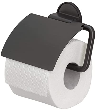 Tiger Tune Toilettenpapierhalter mit Deckel, Montage ohne Bohren Dank integrierter Klebefolie, optional Befestigung zum Schrauben, Black Metal gebürstet/Schwarz, 150 x 123 x 33 mm