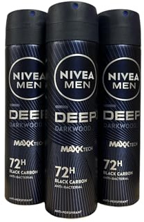 Nivea Deodorante spray da uomo, 3 pezzi, Deep Black Carbon Dark Wood - Antitraspirante - 150 ml