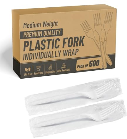 Individually Wrapped White Plastic Forks 500 Pcs- Medium Weight - Ideal for House Party, Backyard BBQ, Picnic, Home, Use.……