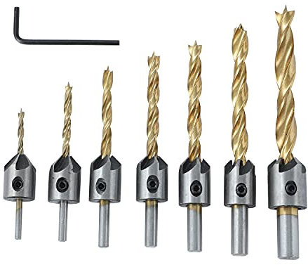 TOPWAY Punta Svasatore per Legno 8 Pezzi, 3-10mm Punta da Trapano Svasatore, Trapano a Tre Punte in Acciaio al Carbonio ad Alta Velocità con Chiave per Foratura del legno lavorazione 131301