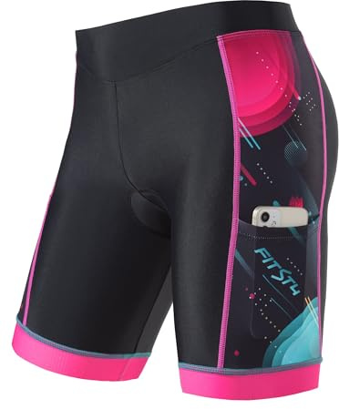 FitsT4 Sports Kids Cycling Bike Shorts Boys Girls Printed Biking Shorts Padded Youth Triathlon Shorts with Pockets Pink Size M