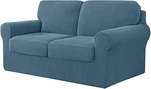 PANJAZE 7-Piece Sofa Cover, with Three Separate Backrests and Cushions with Elastic Band, Stretch Jacquard Sofa Slipcover Replacement Anti-Slip Furniture Protector, Smoky Blue, 2 Seater(145-178cm)