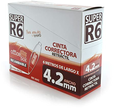 office box Pack 12 Cinta Correctora Retráctil y Recargable SUPER R6-4.2 mm de ancho x 6 Mt. de Largo - by (12 Ud - Corrector 4.2 mm Ancho)