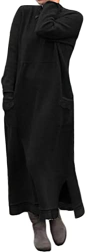 shownicer Donna Maniche Lunghe Maglione Abito Autunno Invernale Caldo Tinta Unita Vestito Lungo in Maglia Elegante Abito con Tasche A Nero XL