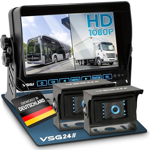 VSG24 Rückfahrkamera Set 7 Profi HD mit 2 Kameras – 1080P, IP69K – wasserdicht mit Heizung – 4 Kameraeingänge, Split-Screen & Nachtsicht – für LKW, Wohnmobil, Transporter (12V–24V)