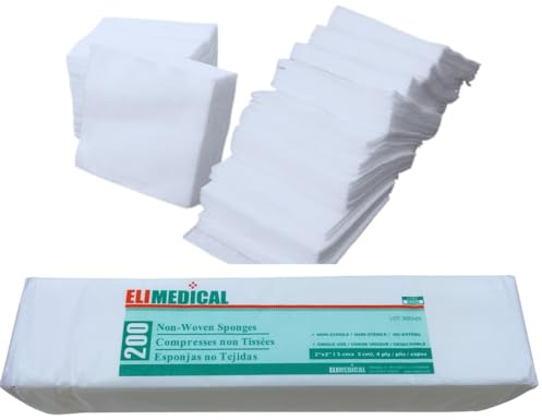 Elimedical Lot de 200 Compresses de gaze non tissées, Non stériles - Ultra doux - pour spa, soins des plaies faciales, premiers secours (2 x 2 -4ply)