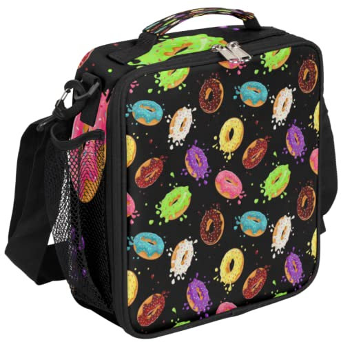 Lonchera colorida con rosquillas, lonchera negra con aislamiento, bolsa térmica con correa de hombro ajustable extraíble para mujeres, hombres, oficina, picnic