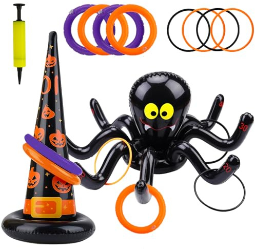 SHOWHEEL Juego de lanzamiento de Halloween, juego de lanzamiento de anillos inflable con anillos de lanzamiento, juegos de Halloween para interior y exterior, jardín, niños, adultos, juegos familiares