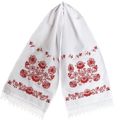 N_FROMM Ruschnik Handtuch ukrainisches Hochzeittuch Tischläufer Weiß Gabardine gestickt Motiv der Baum des Lebens Format 150 x 31 cm