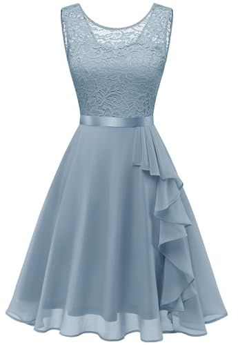 Berylove Damklänning med volangfåll, cocktailklänning, A-linjeskuren spetsklänning, elegant, för bröllop, kort aftonklänning, Gråblå, L