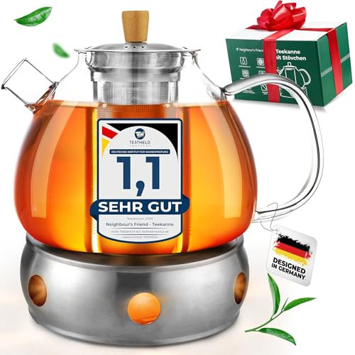Neighbour's Friend® Tetera de 1,5 l con calientaplatos para té suelto y bolsitas de té, tetera de cristal, sin goteo, grande, colador de acero inoxidable de 3 piezas, sin arañazos, para todos los