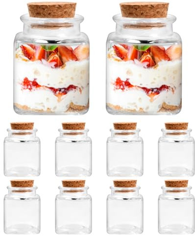 heavenlife 10 Mini Botellas de Cristal con Tapas de Corcho, Tarros de Vidrio de Especias 50ml, Frascos Herméticos Cuadrados para Regalitos Boda, Fiesta, Especias y Mermelada 4.2×5.4cm