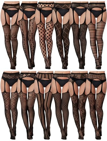 Skylety 12 Pairs Women Fishnet Thigh High Stockings Patterned Tights Suspender Pantyhose Stockings for Women Girls, Medium-Large