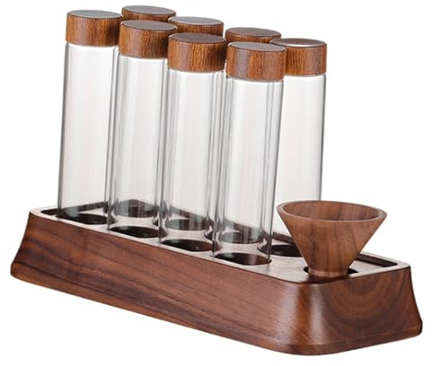 perfk 8 Stück Einzeldosis Kaffeebohnen mit Holzständer, Kaffeevorratsdosen mit Deckel, luftdicht verschlossene Glaskanister für Kaffeebohnen, #F