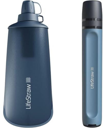 LifeStraw Peak Series - Gourde compressible avec système de filtration d'eau 1l & Peak Series - Paille filtrante Personal Water pour filtration, urgence, survie
