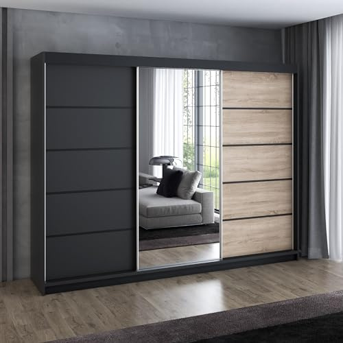 A&J MöbelLand Schwebetürenschrank VILUNO 2 Kleiderschrank 3-türig 200 cm mit Spiegel, 4 Schubladen & 2 Kleiderstangen, Geräumiger Schlafzimmerschrank (Schwarz/Sonoma)