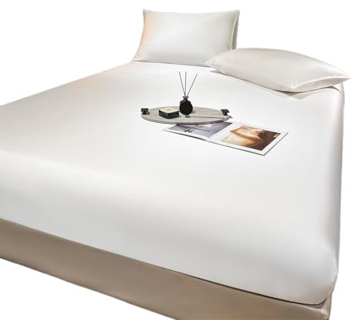 LPHFDCS Sábanas de Imitación de Seda de Morera - Sábana Ajustable Profunda 25CM para Colchón - Ropa de Cama Tamaño 160x200x25cm (Blanco)