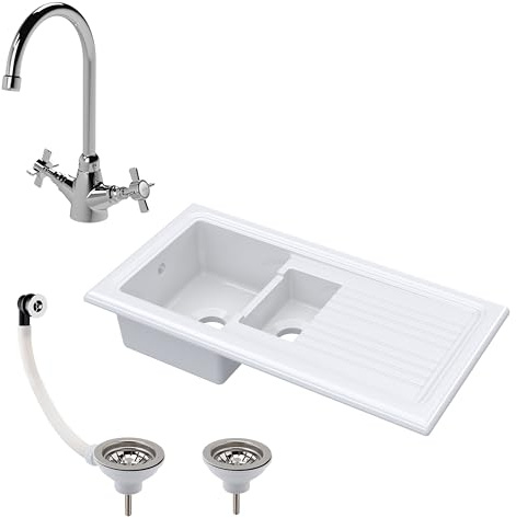 Balterley Ceramic Kitchen Sink with Drainer, Mixer Tap, Waste with Overflow, 101cm Inset Counter Top, 1.5 Reversible Double Bowl Fireclay White Sink with Mono Crosshead Tap (White/Chrome)