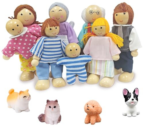 Ruikdly Hölzerne Puppenhaus Puppen - 12 Stück Holz Familie Set mit Katze und Hund, Figuren Biegepuppen für Zubehör Geschenk