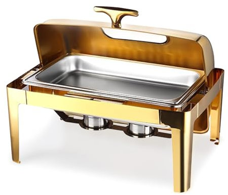 Makamsui 9L Chafing Dishes for Buffet, Stainless Steel Catering Food Warmer, Rectangle Chafing and Buffet Warmers Set with Visible Lid for Parties, Catering Supplies, Banquets, and Weddings Golden