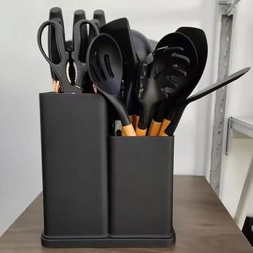 Ustensiles de Cuisine C-ZAM, 19 PCS, Sans BPA, Kit en Bois et Silicone, Acier Inoxydable, Antiadhésif, avec Pot de Rangement, Couteaux, Planche à Découper Haute Qualité (Noir)