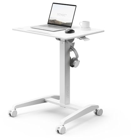 SENSE7 Escritorio de pie Mobile Desk con 4 Ruedas, 70x52cm, Escritorio Ajustable en Altura, Escritorio Plegable, Mesa de pie móvil con Superficie inclinable, Soporte para portátil con Ganchos, White