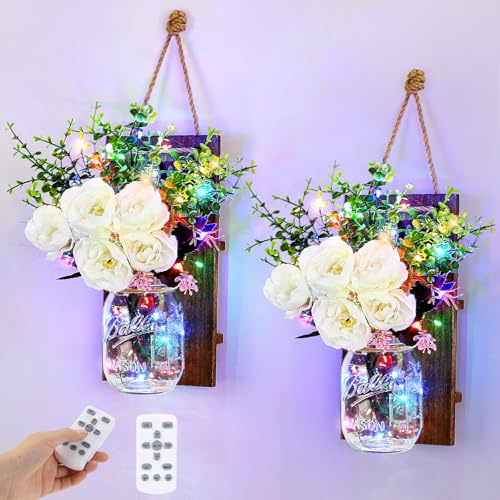 Glighone Wall Decoration for Living Room Mason Jar Wall Light with Remote, 4 RGB Colors/8 Lighting Modes/4 Timer, Artificial Flower LED Fairy Lights Dimmable Wall Decor for Bedroom Hallway (2 Pack)